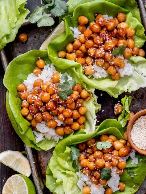 Chickpea Lettuce Wraps, Honey Sesame, Lettuce Wrap Recipes, Vegetarian Lunch, Lettuce Wraps, Vegetarian Dinner, Wrap Recipes, Healthy Vegetarian, Healthy Ingredient