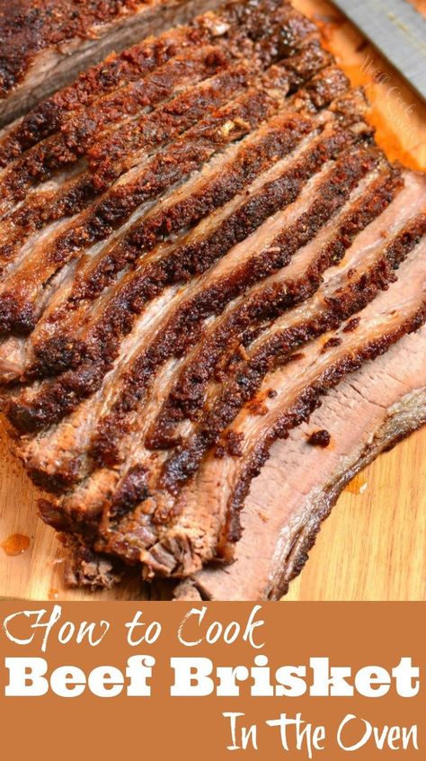 Beef Brisket Cooked In The Oven. Juicy beef brisket is rubbed with an amazing dry rub and baked in the oven until tender. #beef #brisket #dinner Beef Brisket Oven, Oven Roasted Brisket, Oven Baked Brisket, Oven Brisket Recipes, Brisket In The Oven, Oven Cooked Brisket, Baked Brisket, Braised Beef Recipes, Brisket Oven