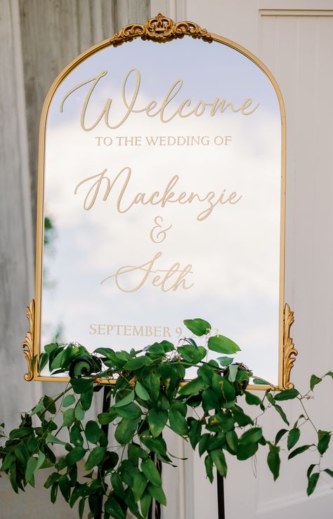 gold mirror welcome sign Welcome Frame Wedding, Mirror Board, Gold Mirror Welcome Wedding Sign, Welcome To The Wedding Of Mirror, Small Mirror Welcome Sign, Gold Welcome Sign, Gold Mirror Sign, Gold Mirror Welcome Sign, Mirror Welcome Sign Graduation