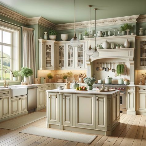 cream kitchen cabinets with soft sage walls Cream And Sage Kitchen Cabinets, Olive Green And White Kitchen, Sage Kitchen Walls, Sage And Cream Kitchen, Kitchen With Cream Cabinets, Cream Cabinets Kitchen, Green Cottage Kitchen, Sage Walls, Ivory Kitchen Cabinets