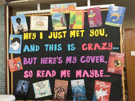 Hey I just met you, and this is crazy...but here’s my cover, so read me maybe... Pinboard Ideas, Book Bulletin Board, Library Bulletin Board, Lead Teacher, Reading Bulletin Boards, Elementary Library, 5th Grade Science, History Teacher, Alphabet Crafts