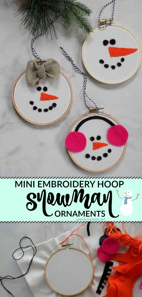 Embroidery Hoop Snowman, Mini Embroidery Hoop Ideas Christmas, Small Embroidery Hoop Ornaments, Easy Embroidery Ornaments, Diy Embroidery Hoop Christmas Ornaments, Crafts With Embroidery Hoop, Mini Embroidery Hoop Ornaments, Embroidery Hoop Ornaments Diy, Embroidery Ring Decor