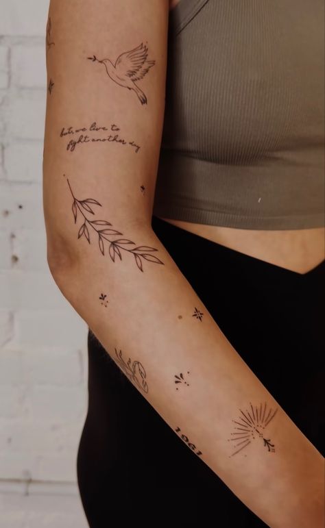 Sleeve Small Tattoos For Women, Tattoo Ideas Female Leaves, Minimal Tattoo Sleeve Woman, Dainty Arm Sleeve Tattoos For Women, Sticker Tattoo Women, Stickers Sleeve Tattoo, Patches Tattoo Design Women, Word Tattoo Sleeve, Woman’s Patchwork Sleeve Tattoo