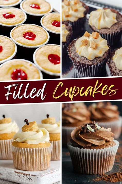 Kick dessert up a notch with these filled cupcakes! From chocolate pudding to fruit to peanut butter, these cupcakes all come with a delicious surprise! Cupcake Flavors With Fillings, Gourmet Filled Cupcake Recipes, Chocolate Pudding Filled Cupcakes, Cupcake Filling Flavors, Top Cupcake Flavors, Mousse Filled Cupcakes, Cupcake Summer Ideas, Cream Cheese Filled Cupcakes Recipes, Cream Filled Cupcakes Easy