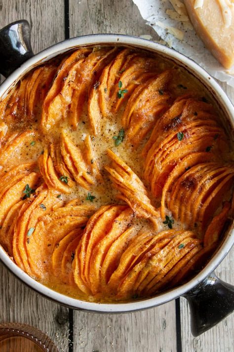 Easy Scalloped Sweet Potatoes Scalloped Sweet Potatoes Healthy, Fancy Sweet Potato Recipes, Sweet Potato Scalloped Potatoes, Scalloped Sweet Potatoes, Hasselback Sweet Potatoes, Quick Side Dish, Frozen Sweet Potato Fries, Sweet Potato Sides, Scalloped Potatoes Easy