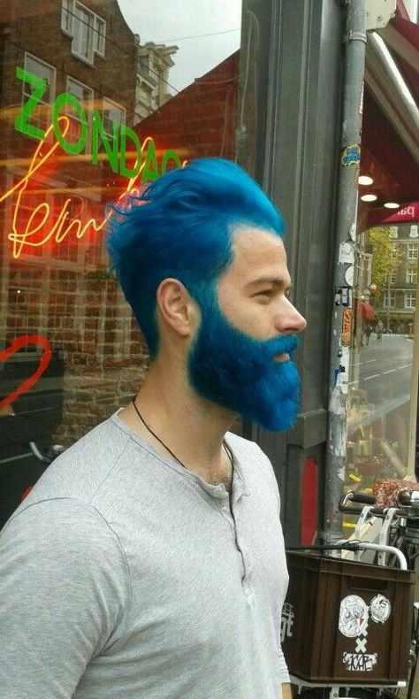 Beard Coloring Men, Dyed Beard, Blue Hair Men, Blue Hair Boy, Blue Beard, Ombre Blond, Shaved Hair Designs, Beard Colour, Mens Hair Colour