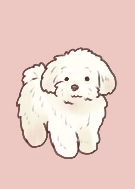 Cute Fluffy Dog Drawing, Dog Easy Painting, Poodle Dog Illustration, Silly Dog Drawing, Fluffy Dog Drawing, Toy Poodle Drawing, Poodle Doodle, Chibi Dog, White Fluffy Dog