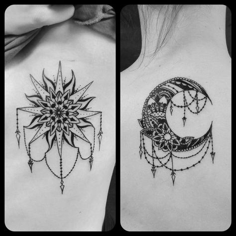 Tattoo Sister, Tattoo Sonne, Tattoo Moon, Moon Tattoo Designs, Bff Tattoos, Sun Tattoos, Friendship Tattoos, Matching Tattoo, Lotus Tattoo