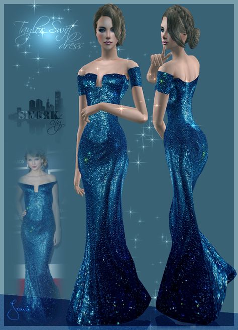 The Sims 2 Finds: Sims York City: 39- Taylor Swift Blue Dress - Change to Sims 4?? Taylor Swift Blue Dress, Sims 4 Wedding Dress, Taylor Swift Blue, Blue Gowns, Celebrity Dresses Red Carpet, Taylor Swift Dress, Pelo Sims, Sims 4 Dresses, Wedding Indian