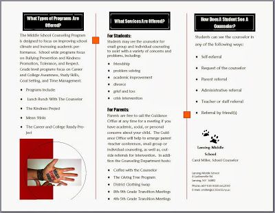 The Middle School Counselor: Handouts. . .brochure School Counselor Printables, Counseling Brochure, Social Skills Middle School, Counseling Forms, School Counselor Lessons, Middle School Counselor, School Brochure, High School Counselor, Guidance Counseling