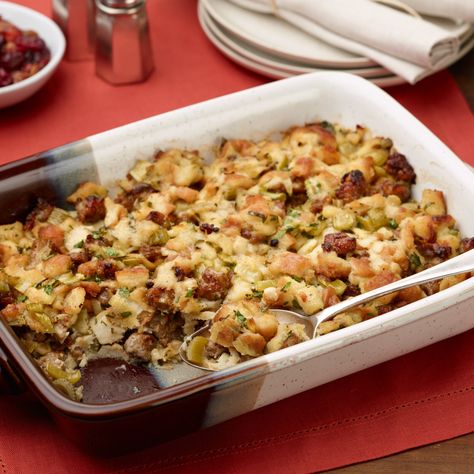 Make-Ahead Sausage Stuffing by Food Network Kitchen Thanksgiving Sausage, Saute Vegetables, Ravioli Lasagne, Stuffing Thanksgiving, Turkey Pieces, Sausage Stuffing Recipe, Sausage Stuffing, Sage Sausage, Ziploc Bag