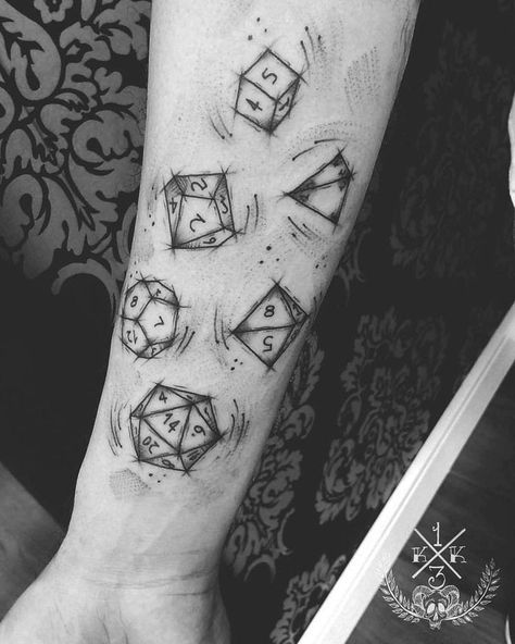 Nerd Tattoo Ideas, Bioshock Tattoo, Dice Tattoo, Lotr Tattoo, Molecule Tattoo, Nerdy Tattoos, 12 Tattoos, Gamer Tattoos, Nerd Tattoo