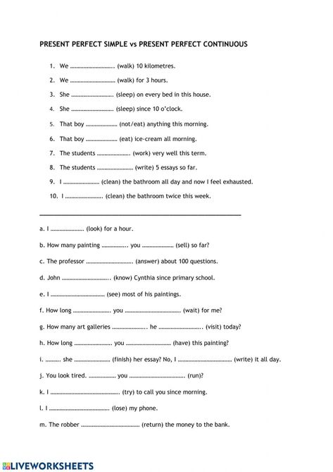 Present Perfect Simple Vs Continuous, Past Perfect Vs Past Perfect Continuous, Present Perfect Simple Vs Present Perfect Continuous Worksheet, Present Perfect Vs Present Perfect Continuous, Present Perfect Continuous Worksheets, English Liveworksheet, Present Continuous Worksheet, Present Perfect Simple, Grammar Work