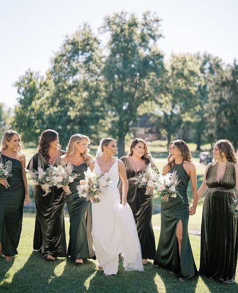 Revelry on Instagram: "It's National Bridesmaids Day 💕 Cheers to those who stand by our side on that special day ✨⁠ ⁠ Photo 1: Jade in Deep Olive Satin, Gwen in Dusty Olive Velvet, Ariel in Deep Olive Satin, Gwen in Dusty Olive Velvet, Fallon in Deep Olive Satin, Micah in Dusty Olive Velvet | @emilychowningphoto⁠ ⁠ Photo 2: Devan, Skye, Ariel in Gold Champagne Satin | @feelm.storytellers⁠ ⁠ Photo 3: Skye in Terracotta Rust Satin | @ashergardner_⁠ ⁠ Photo 4: Cora, Bowie, Gwen, Zoe, Paloma, Gwen, Deep Olive Green Wedding, Dark Satin Green Bridesmaid Dresses, Champagne Velvet Bridesmaid Dresses, Olive Green Velvet Bridesmaid Dresses, Deep Olive Bridesmaid Dresses, Velvet And Satin Bridesmaid Dresses, Bridesmaid Dresses Sage Velvet, Deep Olive Revelry, Velvet Bridesmaid Dresses Sage Green