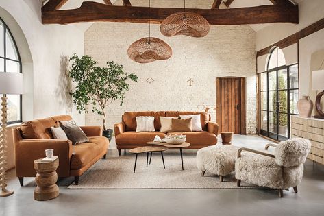 Leather Sofa With Cushions, Living Room With 3 Sofas, Leather Lounge Sofa, Cushions For Brown Leather Sofa, Barn Conversion Living Room, Decorating With Brown Leather Couches, Tan Leather Sofa Living Room Ideas, Cognac Sofa Living Rooms, Brown Suede Couch