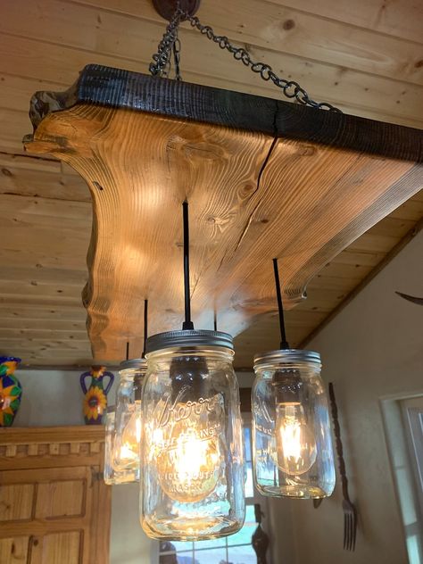 Organic Live Edge Western Larch Mason Jar Rustic Chandelier | Etsy Barn Interior Design, Jar Chandelier, Barn Interior, Closet Design Layout, Rustic Pendant Lighting, Wood Chandelier, Mason Jar Lighting, Rustic Chandelier, Live Edge Wood