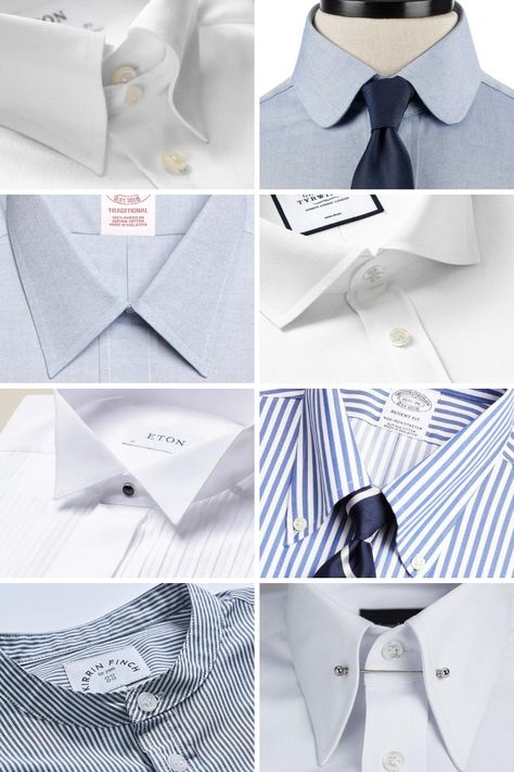 Find out about the wide range of different dress shirt collars available for men. From your typical spread collar to the head turning pin collar, we break them all down for you. Read about the individual collar styles and what collar style suits which face shape on the site today. Men’s Shirt Collar Styles, Mens Dress Shirt Collar Types, Collar Styles Mens, Tab Collar Shirt Men, Mens Shirt Collar Styles, Spread Collar Shirt Men, Different Collar Types, Collar Pins For Men, Club Collar Dress Shirt