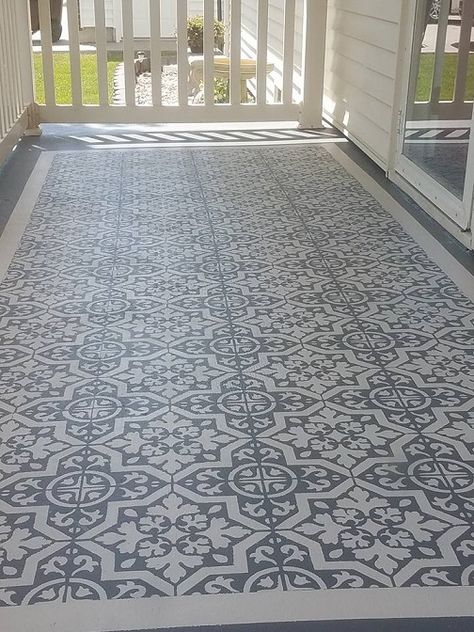 Stencil Concrete Patio, Painted Cement Patio, Stenciled Concrete Floor, Paint Concrete Patio, Stencil Concrete, Concrete Patio Makeover, Cement Patio, Concrete Patios, Painted Patio