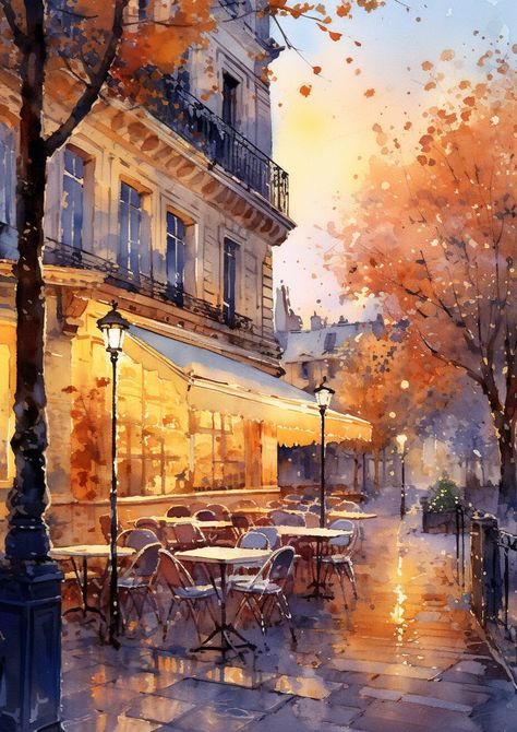 Autumn Restaurant, Watercolour City, Paris Art Painting, Italy Cityscape, Cafe Painting, Architecture Prints, European Cafe, Watercolor City, Paris Vacation