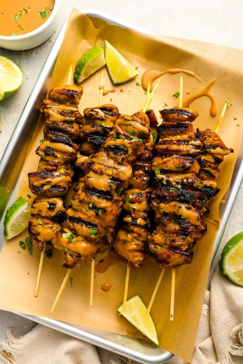 Thai Marinated Grilled Chicken Skewers with Peanut Sauce Chicken Skewers With Peanut Sauce, Chicken Satay Skewers, Once Upon A Chef, Grilled Chicken Skewers, Mint Salad, Yummy Chicken, Chicken Satay, Citrus Chicken, Thai Chicken