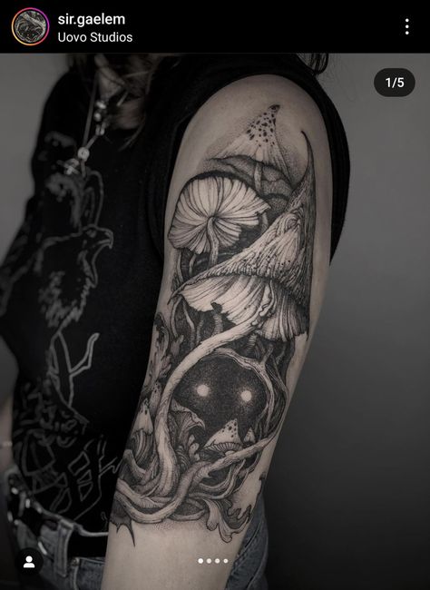 Dark Woods Tattoo, White Ink Over Black Tattoo Cover Up, Forest Back Tattoo, Trippy Tattoo Sleeve, Illustrative Realism Tattoo, Creepy Nature Tattoo, Environmental Tattoo Ideas, Leshy Tattoo, Forest Arm Tattoo