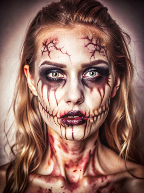 Creepy Halloween Face Paint, Intense Halloween Makeup, Undead Halloween Makeup, Creepy Zombie Makeup, Zombie Skeleton Makeup, Gore Face Makeup, Halloween Scary Face Paint, Gore Makeup Looks, Creepy Skeleton Makeup