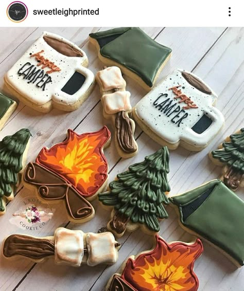 Camping Cookies, Dad's Birthday, Summer Cookies, Horse Treats, Sugar Cookie Designs, Button Badges, Fall Cookies, Fancy Cookies, Camping Party