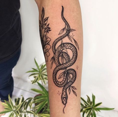 Black And Gray Snake Tattoo, Snake Tattoo Inner Bicep, Snake Forest Tattoo, Vines And Snake Tattoo, Modern Snake Tattoo, Double Headed Snake Tattoo Design, Snake In Grass Tattoo, Intertwined Snakes Tattoo, Snake In Vines Tattoo