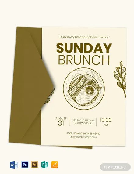 Download 9+ Brunch Invitation Templates - Word (DOC) | PSD | InDesign | Apple Pages | Publisher | Template.net Wedding Invitation Card Wording, Breakfast Invitation, Invitation Card Format, Event Brochure, Brunch Event, Invitation Layout, Egypt Tattoo, Template Invitation, Email Invitation