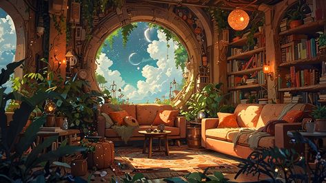 A cozy intricately designed lounge in a Studio Ghiblii 1 Fantasy Interior Design Concept Art, Fantasy Shop Concept Art, Notion Themes, Serenitea Pot, Interior Concept Art, Scenery Ideas, Notion Ideas, Chill Wallpaper, Fantasy Village