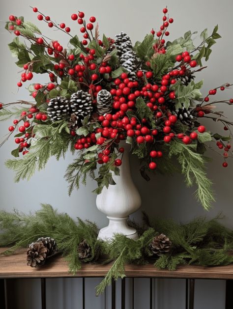 29 Captivating Winter Berry Decor Ideas That Will Wow Your Guests Ilex Berries Arrangement, Christmas Boughs Decorating Ideas, Holly Berry Christmas Decor, Christmas Floor Vase Ideas, Red Berries Christmas Decor, Christmas Bud Vases, Red Berry Christmas Decor, Berry Christmas Decor, Mantel Floral Arrangements