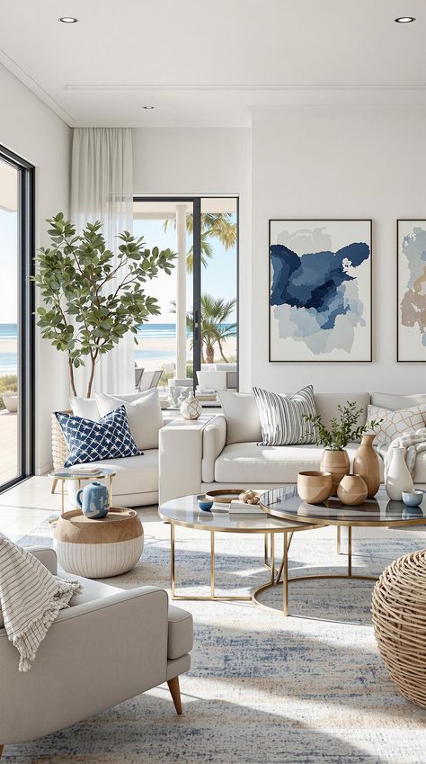 Coastal Living Room Decor Inspiration Nautical Interior Design Living Rooms, Coastal Contemporary Interior Design, Coastal Appartment, Modern Coastal Farmhouse Living Room, Living Room Aesthetic Minimalist, Coastal Great Room, Navy Beach House, Coastal Chic Interior Design, Contemporary Coastal Living Room