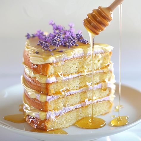 Photo lavender honey cake with lavenderi... | Premium Photo #Freepik #photo Honey Drizzle Cake, Honey Lavender Pie, Majestic And Moist Honey Cake, Rustic Honey Cake, Lavender Honey Cake, Honey Lavender Dessert, Honey Drizzle, Lavender Honey, Drizzle Cake