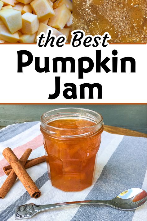 An open jar of pumpkin jam sitting on a tablecloth with a spoon and cinnamon sticks next to it. Pumpkin Spice Jam Recipe, Pumpkin Jam Recipe Canning, Pumpkin Jam Canning, Pumpkin Pie Jam, Pumpkin Jam Recipe, Pumpkin Chutney, Canning Pumpkin, Christmas Canning, Creative Canning