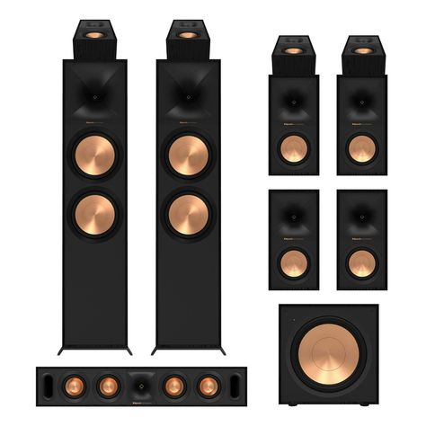 R-800F 7.1.4 Home Theater System | Klipsch Speakers Living Room, Klipsch Speakers, 12 Inch Subwoofer, Home Theater Speaker System, Home Theater Receiver, Home Theater Decor, Surround Speakers, Cinema Experience, Tower Speakers