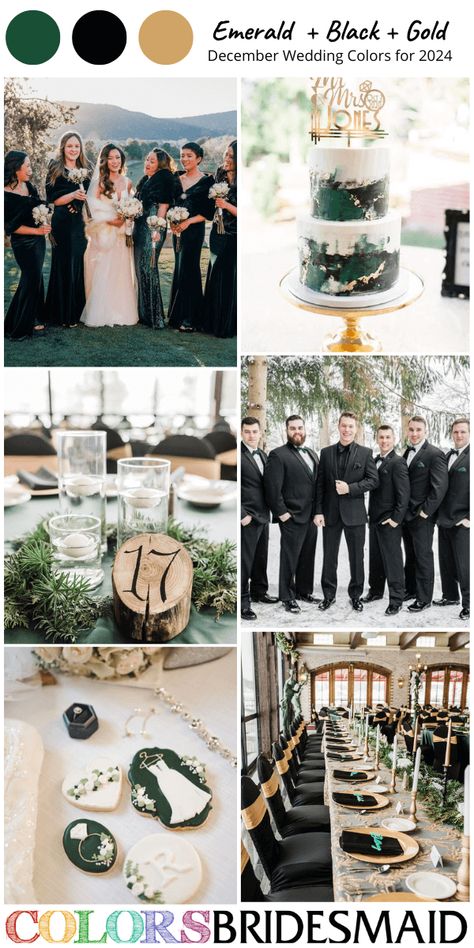 chairs. Black And Green Winter Wedding, Wedding Cake Green Gold, Gold Wedding Plates, February Wedding Colors, Wedding Cake Emerald Green, December Wedding Colors, December Background, Black Groomsmen Suits, Black Groomsmen