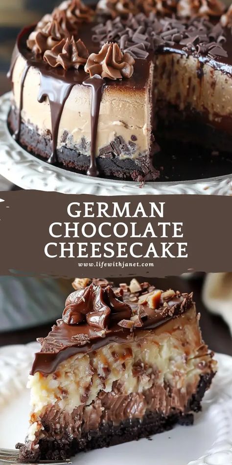 German Chocolate Mini Cheesecakes, Chocolate Bavarian Cheesecake, German Choc Cheesecake, German Cream Cake, Birthday Cake With Cheesecake Layer, German Chocolate Cheesecake Cake, German Chocolate Cake Designs, Best Cheesecake Ever, Chocolate Pecan Cheesecake