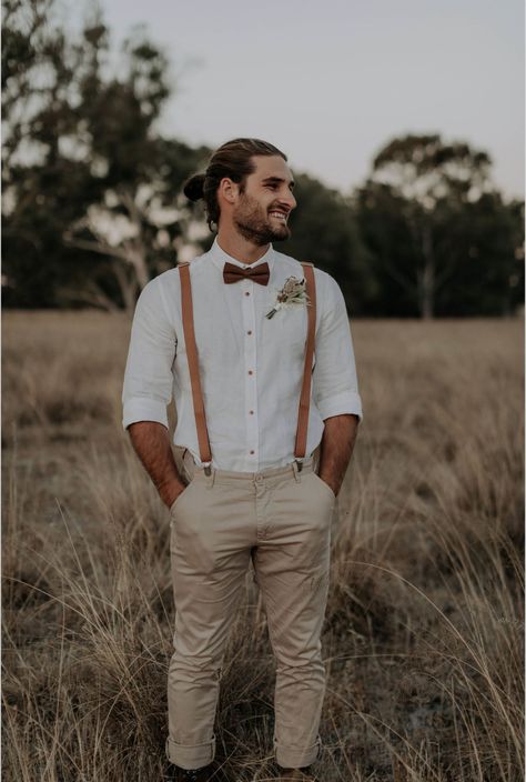 Rustic Wedding Suits Groom Style, Boho Elopement Mens Attire, Non Suit Wedding Grooms, Groom With Best Man, Light Tan Wedding Suit, Light Groomsmen Suits, Groomsmen Party Ideas, Mens Wedding Suits Rustic, Boutennaire Wedding