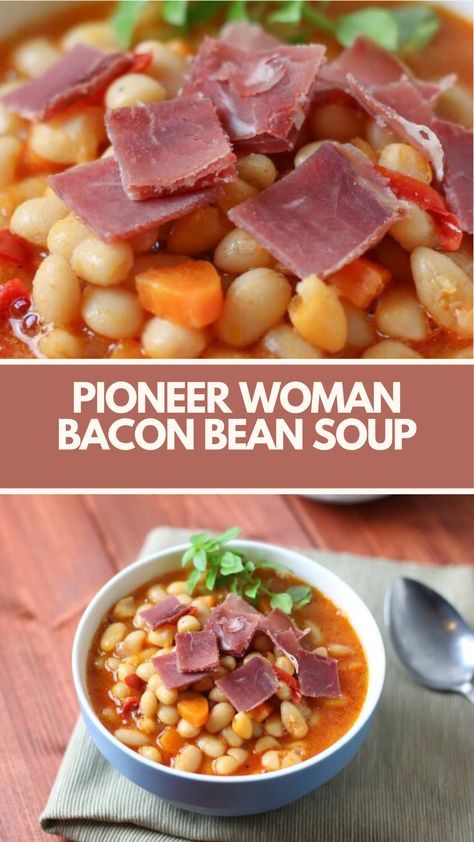 Pioneer Woman Bacon Bean Soup recipe is made with dried white beans, thick-cut bacon, onion, carrots, celery, garlic, and more. It takes 13 hours and serves 10 people. Pioneer Woman Bean And Bacon Soup Recipe, Bean With Bacon Soup Pioneer Woman, Bean And Bacon Soup Pioneer Woman, Pioneer Woman Bean And Bacon Soup, Bacon And Bean Soup, Bean And Bacon Soup Recipe, Pioneer Woman Soup Recipes, Bean With Bacon Soup Recipe, Pioneer Woman Soup