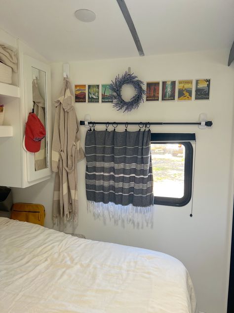 RV Decorating Ideas: Top Ways to Make Your RV Feel Like A Home — DEANDRA & MIKE No Sew Rv Curtains Diy, Rv Remodel Curtains, How To Remove Rv Window Valances, No Sew Rv Curtains, Replace Camper Curtains, Camper Curtain Ideas Farmhouse, Diy Curtains For Camper, Rv Bedroom Curtain Ideas, Rv Curtain Room Divider