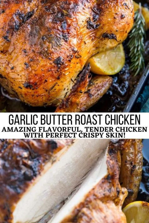 Garlic Butter Roast Chicken - Garlic Butter Roast Chicken is the most tender, juicy oven-baked whole chicken recipe! Serve it with your favorite sides for a healthy meal. Oven Baked Whole Chicken, Best Whole Chicken Recipe, Whole Chicken In Oven, Whole Chicken Recipes Oven, Baked Whole Chicken Recipes, Best Roast Chicken Recipe, Oven Roasted Whole Chicken, Whole Baked Chicken, Whole Chicken Recipe