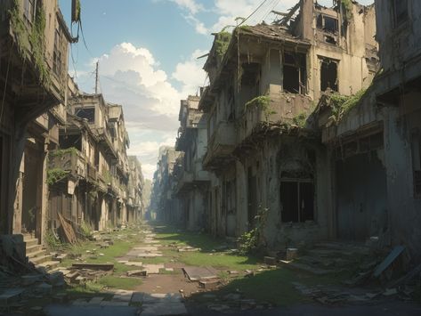 Anime Style Art of an Abandoned Neighborhood with eerie and calm atmosphere. Abandoned Neighborhood, Dystopian Book, Anime Style Art, Old Neighborhood, Calm Atmosphere, Dystopian Books, Book Inspiration, Style Art, Anime Style