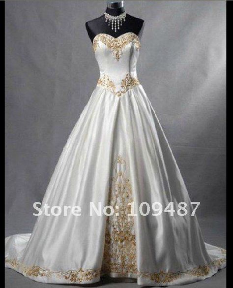 Satin White Long-Trailed Gold Embroidered Wedding Dress. Great for a Zelda themed wedding! Zelda Wedding Dress, White And Gold Wedding Dress, Tail Wedding Dress, Zelda Dress, Zelda Wedding, Medieval Wedding Dress, Gamer Wedding, Gold Wedding Gowns, White And Gold Wedding