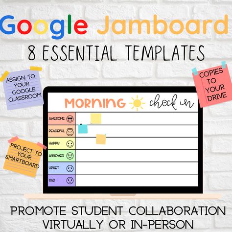 Looking for a way to brainstorm, collaborate, or take notes? Google Jamboard is a digital whiteboard that's perfect for all of your creative projects. With its variety of templates, you can easily get started on any task, big or small. Whether you're planning a party, designing a new logo, or just jotting down ideas, Jamboard has a template for you.

Visit our blog to learn more and download you Jamboard Ideas, Jamboard Templates, Hybrid Learning, Digital Learning Classroom, Google Classroom Elementary, Remote Teaching, Virtual Teaching, Teacher Tech, Teaching Technology