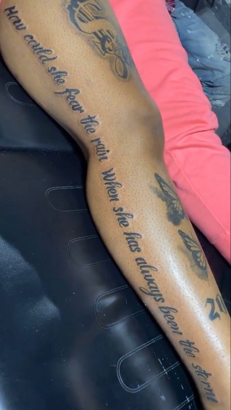 Word Tattoo Down Side Of Leg, Inside Leg Tattoos Women, Words Going Down Side Of Leg Tattoo, Down The Leg Tattoo Quote, Leg Tattoos Quote, Leg Word Tattoo, Leg Tattoos Words, Word Leg Tattoos, Pretty Leg Tattoos For Women