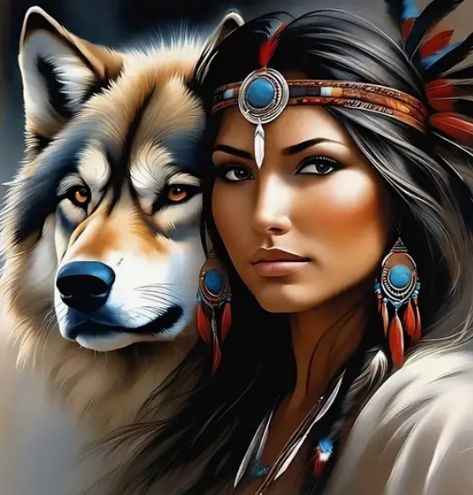 Indian Women Tattoo, Diy Art Crafts, Native American Woman, Native American Wolf, Native American Headdress, Wolves And Women, Native American Images, Wolf Canvas, Space Living Room