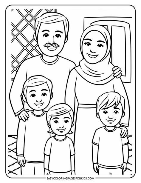 Family coloring page featuring a smiling family of five, including a father, mother in a hijab, and three children, set against a simple background. Ideal for kids' art activities and educational resources. Friendship Coloring Pages, Family Outline, Family Picture Drawing, Easy Coloring Pages For Kids, Drawings For Beginners, Friendship Theme, Family Sketch, Family Coloring Pages, Cartoon Coloring