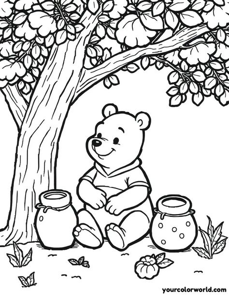 Discover the charming world of Winnie the Pooh with our delightful coloring page featuring Pooh Bear sitting under a tree surrounded by honey pots. This printable coloring sheet is perfect for both kids and adults seeking a touch of nostalgia and creativity. Its aesthetic appeal makes it a free, relaxing pastime to enjoy. Capture the essence of childhood and unwind with this beautiful illustration, ideal for sharing on Pinterest. Aesthetic Adult Coloring Pages, Pooh Bear Aesthetic, Coloring Pages Winnie The Pooh, Ghibli Coloring Pages, Winnie The Pooh Coloring Pages, Pooh Coloring Pages, Sitting Under A Tree, Coloring Pages Christmas, Tree Coloring