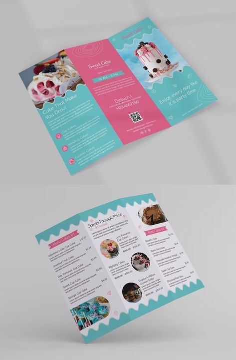 Cake Shop Trifold Brochure Template AI, EPS, PSD Cake Brochure Design, Bakery Brochure Design, Cake Brochure, Pamplet Design, Cherry Cakes, Brochure Examples, Fish Sketch, School Brochure, Business Brochure Design