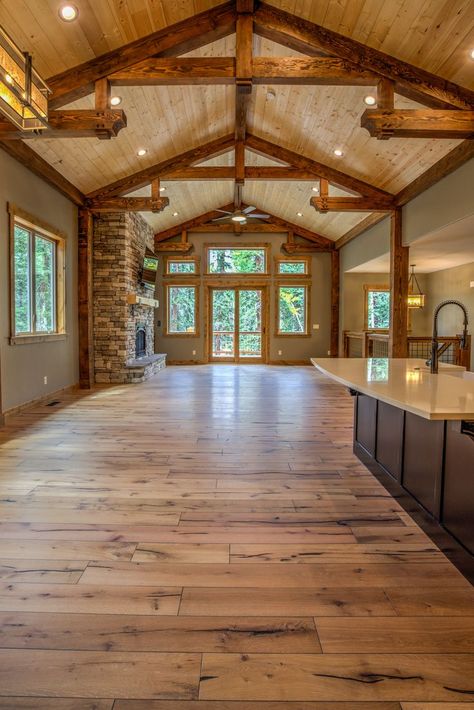 American Ranch House Interior, Barndominium Wood Interior, Beams In Open Floor Plan, Colorado Style Homes Interiors, Montana Style Homes, Ranch Homes Interior, Montana Ranch House Interior, Western Houses Ranch Style, Ranch Style Homes Interior Decor